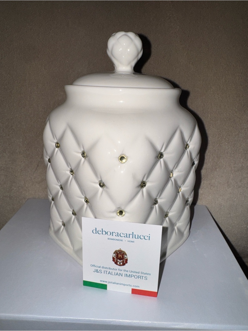 White Quilted Ceramic Canister with Rhinestone Accents - Picture 2 of 3
